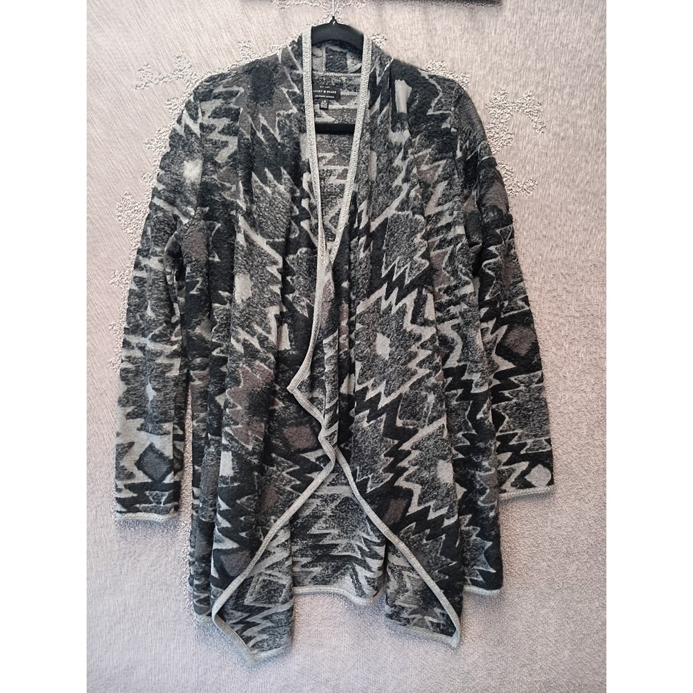 Boho Aztec Burnout Cardigan Womens L Gray Tribal Draped‎ Festival Lucky Brand